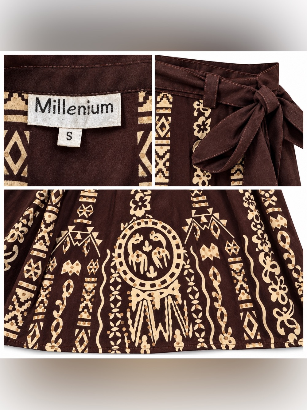 NWT Millenium Brown & Cream Printed True Wrap Midi Skirt Size S - Picture 2 of 3